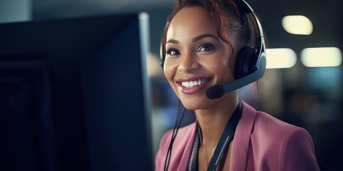 Portrait of a Beautiful African Customer Service Operator, Call Center Worker Talking Through Headset with Customer in Modern Office. Generative Ai
